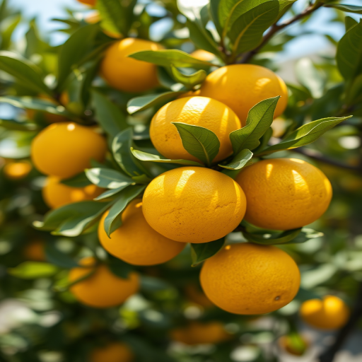 capture a close-up of a citrus tree with ripe yellow oranges under natural light with a shallow depth of field using a DSLR camera at f/2.8, ISO 200, 50mm lens, outdoors, bright day, slight overexposure for a sunny effect