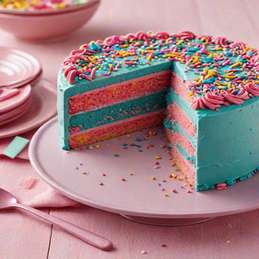 Create a colorful cake with layers of pink sponge and sprinkles, covered in a smooth turquoise frosting. The top should have pink swirled frosting and assorted colorful sprinkles. Show a slice cut out to reveal the vibrant layers inside.