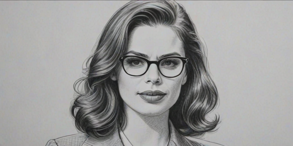 Dazzling Hayley Atwell, pencil sketch, portrait of Lovely woman 1943s in glasses, hair style beatnik, outline, clear lines, fine lines, 8k
