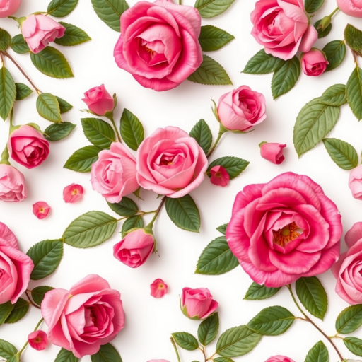 Create a seamless floral pattern featuring pink roses and various leaves on a white background, with a high-resolution DSLR camera, f/2.8 aperture, ISO 100, 50mm lens, top-down view, natural lighting for enhanced clarity and color vibrancy.