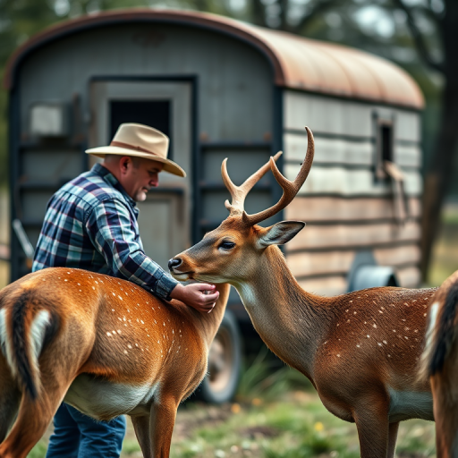 regenerate the image of a man in a hat gently petting a deer near a rustic farm trailer in a natural setting, using a DSLR camera, aperture f/2.8, ISO 200, shutter speed 1/250s, with a shallow depth of field and soft bokeh background to enhance image quality