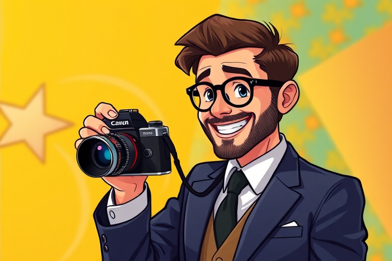 Create a high-resolution digital illustration of a cartoon man in a suit holding a vintage camera and smiling, with a colorful background; focus on sharp details and vibrant colors, use a Canon EOS R5 with a 50mm f/1.2 lens, aperture set to f/2.8, shutter speed at 1/200s, ISO 100, in portrait orientation for a dynamic composition.
