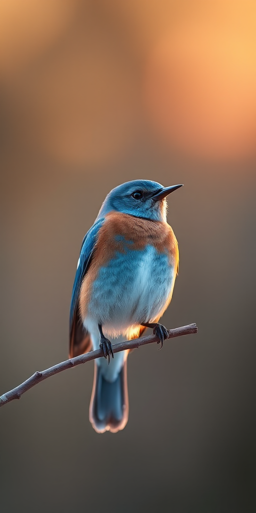 A close-up shot of a bluebird perched on a branch during golden hour, Canon EOS 5D Mark IV, 85mm lens, f/2.8 aperture, ISO 200, 1/400s shutter speed, soft bokeh background with vibrant colors.