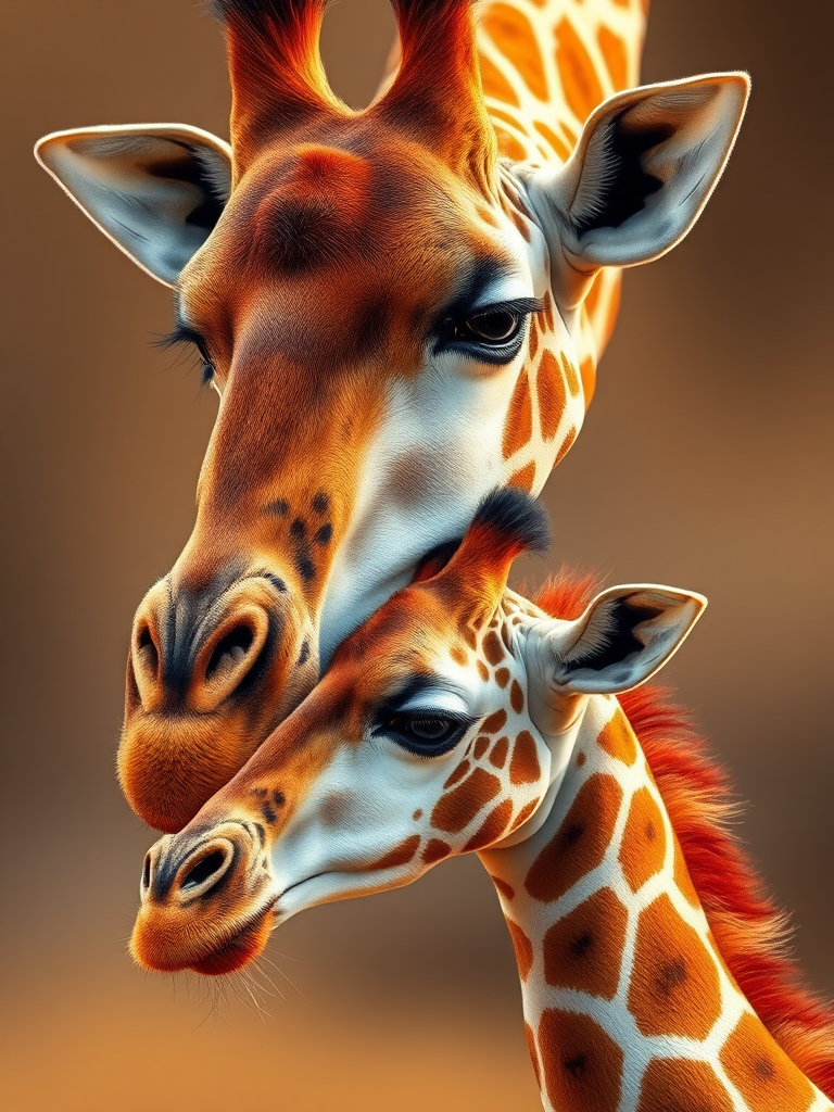 create a digital illustration of a mother giraffe and her calf, focus on detailed textures and warm colors, use a shallow depth of field, shot with a Canon EOS R5 at f/2.8, ISO 100, 50mm lens, soft light for enhanced quality, ensure a smooth background for contrast.