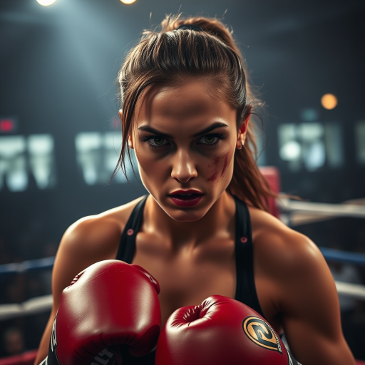 Create an image of a fierce female boxer in a gritty boxing ring, showcasing her determined expression and bruised face, with dynamic lighting and a blurred crowd in the background, using a DSLR camera with a 50mm lens at f/1.8 for shallow depth of field, ISO 400, shutter speed 1/250s, in a high contrast style.