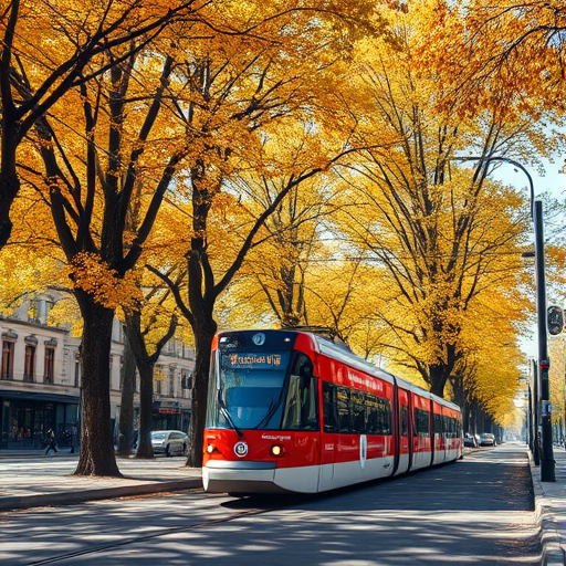 A vibrant urban scene featuring a red and white tram surrounded by tall trees with golden autumn leaves, captured in bright natural light using a Canon EOS R5, 50mm lens, f/1.8 aperture, ISO 100, 1/250 sec shutter speed, taken from eye level for a clear and dynamic view.