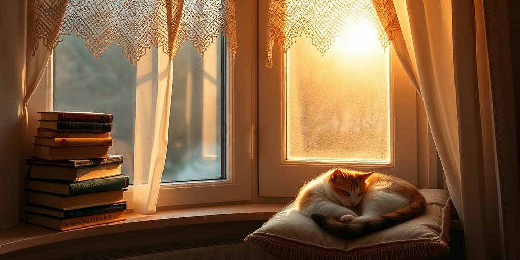 Warmly lit photo of a cozy reading nook by a window, with soft light streaming through lace curtains, a stack of books on a wooden shelf, and a cat curled up on a cushion.