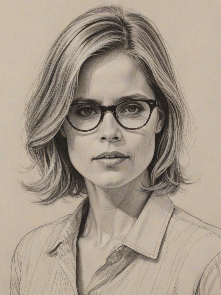 Sublime Kim Dickens, pencil sketch, portrait of Sublime woman 1961s in glasses, hair style beatnik, outline, clear lines, fine lines, 8k
