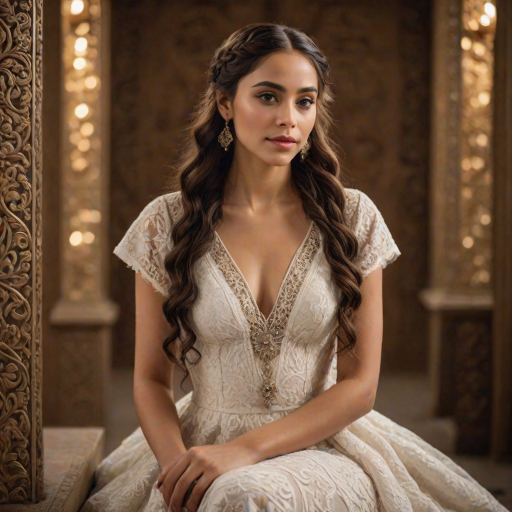 Create a portrait of a refined and elegant Coptic woman seated in a sophisticated setting. She has long, wavy hair styled in two thick braids that are pulled over her shoulders. She wears a white, lace gown with intricate patterns, featuring a deep V-neckline and short sleeves. The dress exudes a vintage charm with its delicate lacework. She is adorned with ornate, dangling earrings that add a touch of glamour to her appearance. The background is softly lit, with warm, ambient lighting that creates a cozy and inviting atmosphere. Her expression is poised and serene, capturing a sense of grace and elegance.
