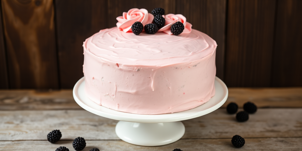 A round cake with a smooth pink frosting decorated with rose-shaped pink icing and fresh blackberries on top, placed on a white cake stand, with a rustic wooden background and a few scattered blackberries around it.