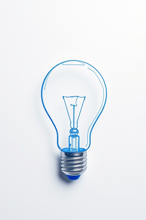 Create a high-resolution image of a blue light bulb sketch with a transparent background, using a Canon EOS R5, 50mm lens, f/2.8 aperture, 1/200s shutter speed, and ISO 100, in a flat lay composition with soft, natural lighting.