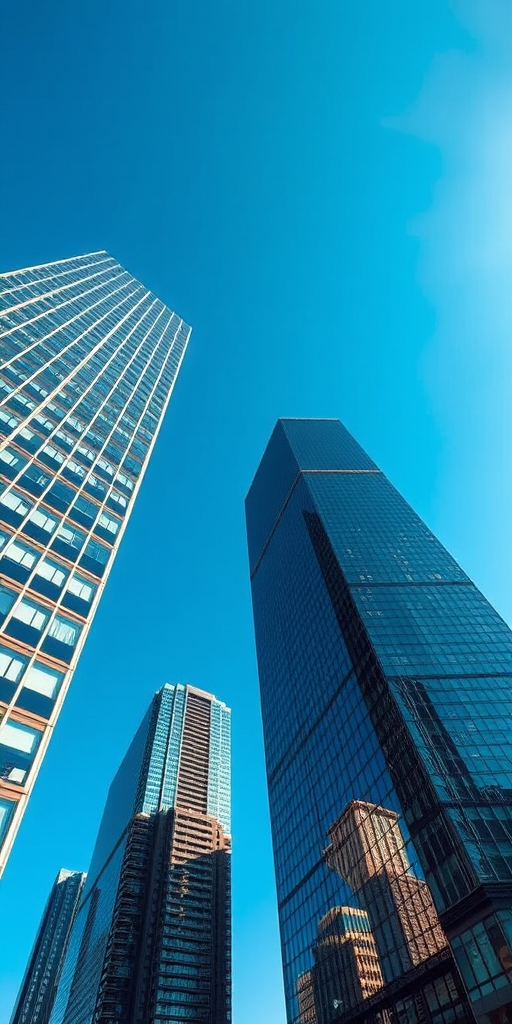 Generate a high-resolution image of modern skyscrapers with a glass facade under a clear blue sky, taken from a low angle using a DSLR camera at f/8, ISO 100, 24mm lens, and a wide-angle perspective for enhanced depth and clarity.