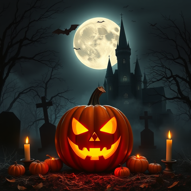 Create a spooky Halloween scene featuring a large glowing jack-o-lantern with a menacing face in the foreground surrounded by smaller pumpkins candles and cobwebs in a dark eerie graveyard with a full moon shining brightly in the night sky and a haunted castle in the background silhouetted against the moon with bats flying around spooky trees and a misty atmosphere