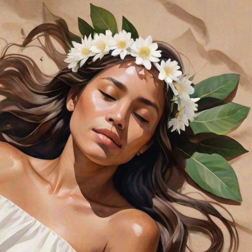 create a watercolor painting of an ethereal portrait of beautiful Guarani woman with a simple white flower crown on her head. Her hair is long and she is lying on the ground. The sunlight on the trees casts shadows from the leaves on her face and body. The background is a neutral brown color that matches her skin tone. The image is minimalist and solid colors. This style is characterized by soft, delicate brushstrokes and a light, airy, contrasting color palette. High level of detail and play of light