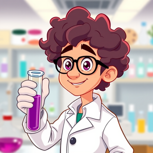 Create a cartoon-style illustration of a scientist with curly hair wearing a white lab coat, holding a test tube filled with purple liquid, in a laboratory setting, with a soft focus background, shot with a DSLR camera at f/4 for increased depth of field, 50mm lens for sharpness, and vibrant colors to enhance the visual appeal.