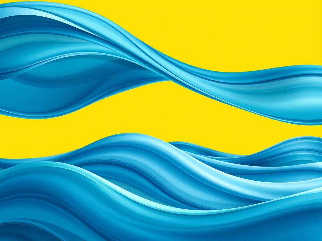 high-resolution digital illustration of smooth wavy ocean waves in varying shades of blue and teal against a bright yellow background, shot with a DSLR camera at f/8, ISO 200, 50mm lens, landscape orientation, vibrant color enhancement.