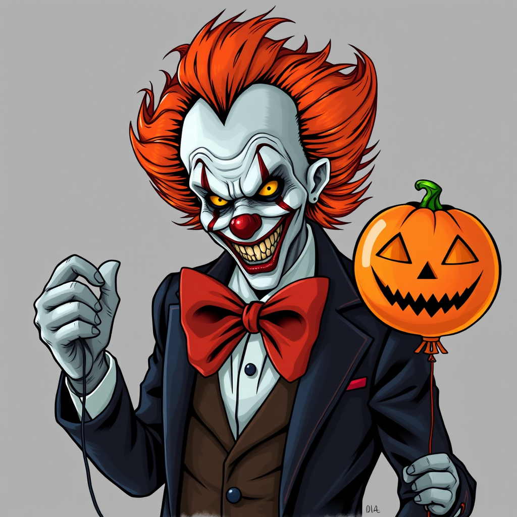 Illustrate a sinister clown with bright orange hair and a dark, menacing smile. The clown is holding a spooky jack-o'-lantern balloon and a carved pumpkin. Dress the clown in a formal suit with a large red bow tie to enhance the eerie Halloween ambiance. Aim for a chilling, unsettling style that captures the essence of Halloween horror.