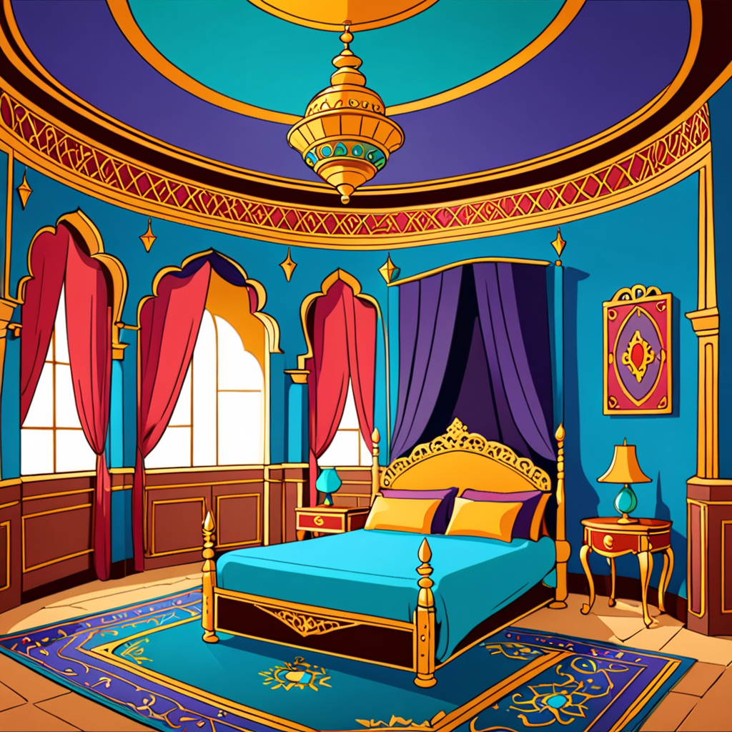 interior of the empty boudoir of princess jasmine from the cartoon aladdin.  No bed. Flat colors., image size:1024x1024