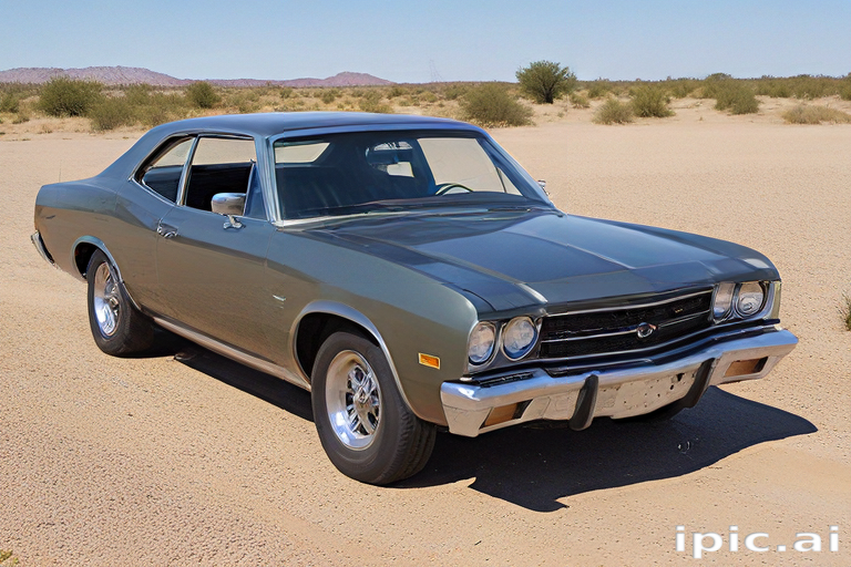 Classic American Muscle Car Parked on a Desert Landscape Under Clear Skies