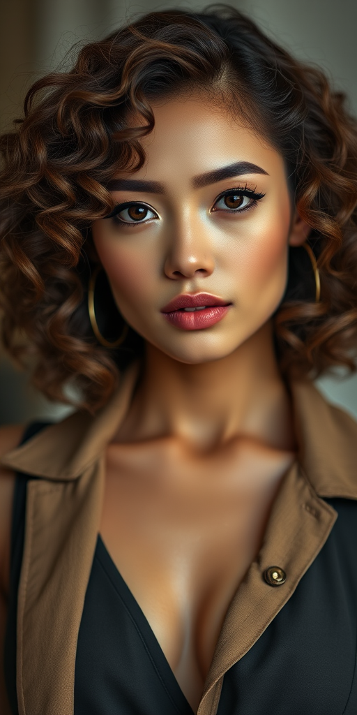 Generate a highly detailed portrait of a woman with curly shoulder-length hair, wearing a stylish outfit with contrasting textures, focus on smooth skin and captivating eyes, set against a softly blended background, camera settings: 50mm f/1.8 lens, ISO 100, shutter speed 1/125s, camera view: head and shoulders, camera style: realistic photography, camera type: digital DSLR.