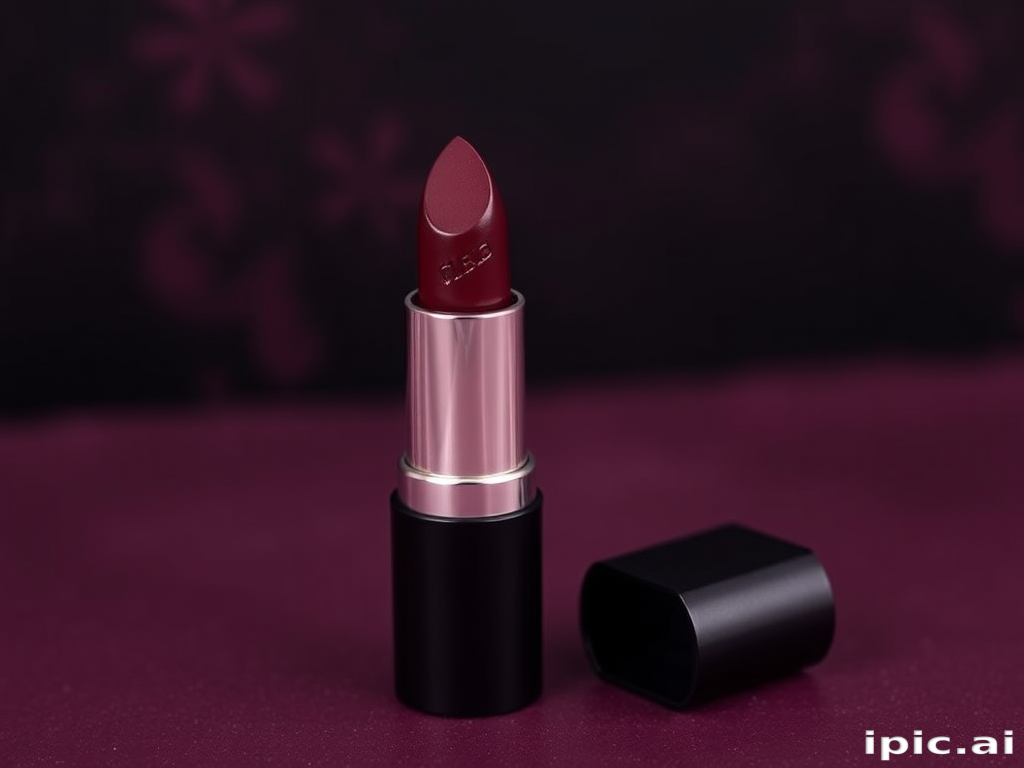 Matte deep plum lipstick called "Midnight Velvet" with a velvety texture, long-lasting wear, and a hint of metallic shimmer, ideal for sophisticated evening events