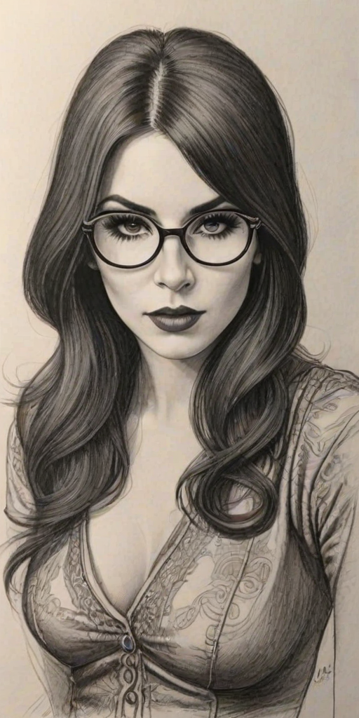 Appealing Kat Von D, pencil sketch, portrait of Gorgeous woman 1923s in glasses, hair style beatnik, outline, clear lines, fine lines, 8k