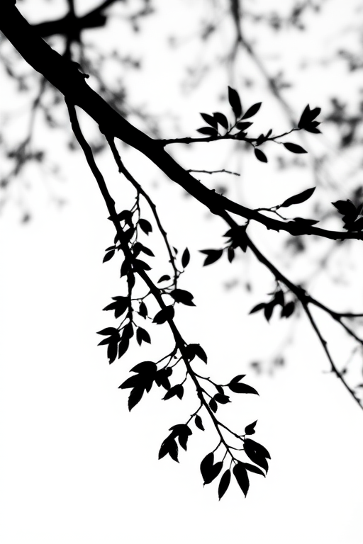 Generate a high-contrast black and white silhouette image of a tree branch against a bright background, shot with a Canon EOS 5D Mark IV, 50mm lens, aperture f/2.8, shutter speed 1/250s, ISO 100, using top-down view to enhance depth and detail.