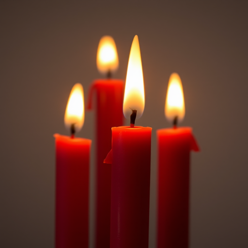 Create an image of four red candles with flickering flames, shot in a close-up view using a DSLR camera, aperture f/2.8 for a shallow depth of field, ISO 100 for minimal noise, and a warm white balance for a cozy atmosphere.