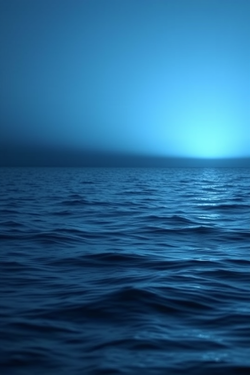 Create a serene ocean scene with a bright blue light on the horizon, soft rippling water reflecting the light, captured with a Canon EOS 5D Mark IV, 24mm lens, f/8 aperture, 1/125 sec shutter speed, ISO 100, in a wide-angle view to enhance depth and clarity.