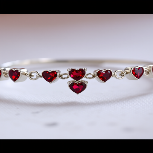 Create a high-resolution image of a silver bracelet with heart-shaped red gemstones, using a macro lens at f/2.8 aperture, 1/60 sec shutter speed, ISO 100, from a top-down perspective, with soft diffused lighting to highlight the details of the jewelry.