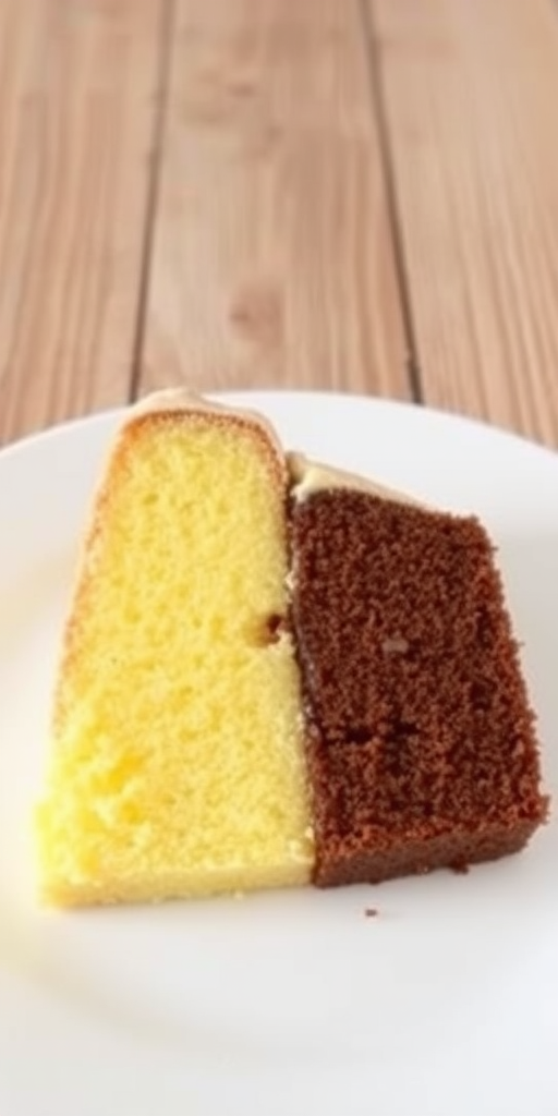 A slice of cake divided in half with one side yellow vanilla and the other side rich chocolate placed on a white plate with a wooden background