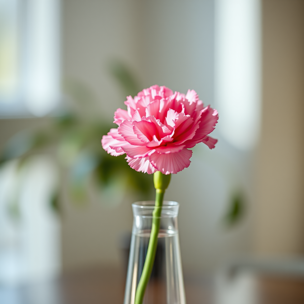 Create a hyper-realistic image of a single pink carnation in a modern glass vase with a soft focus background, using a 50mm lens, f/1.8 aperture, ISO 200, ambient lighting for soft shadows, shot from a 45-degree angle to enhance depth.