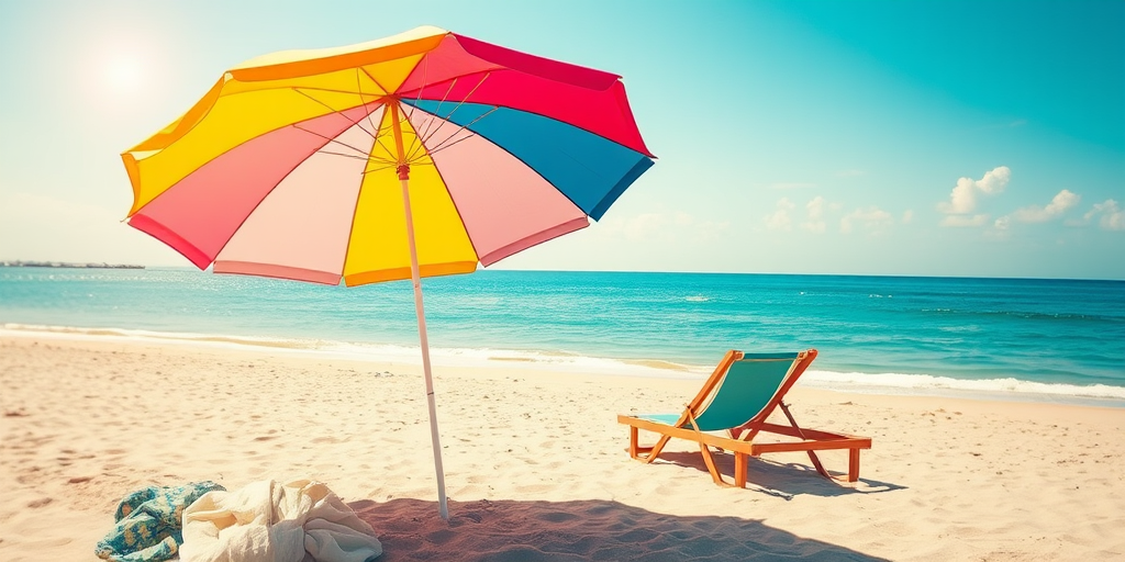 generate a beach scene with a colorful umbrella and a lounge chair, soft focus, natural sunlight, f/8 aperture, ISO 100, 35mm lens, wide-angle view, digital camera