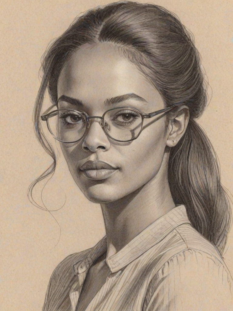 Pleasing Zuri Hall, pencil sketch, portrait of Enchanting woman 1972s in glasses, hair style beatnik, outline, clear lines, fine lines, 8k