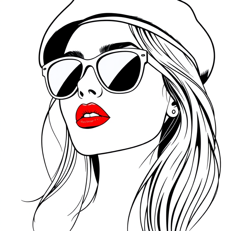 Create a minimalist line art illustration of a woman wearing a beret and sunglasses, vibrant red lips, captured with a Canon EOS R5, 50mm lens, f/1.8, 1/125 sec, ISO 100, soft diffused lighting for enhanced contrast and detail.