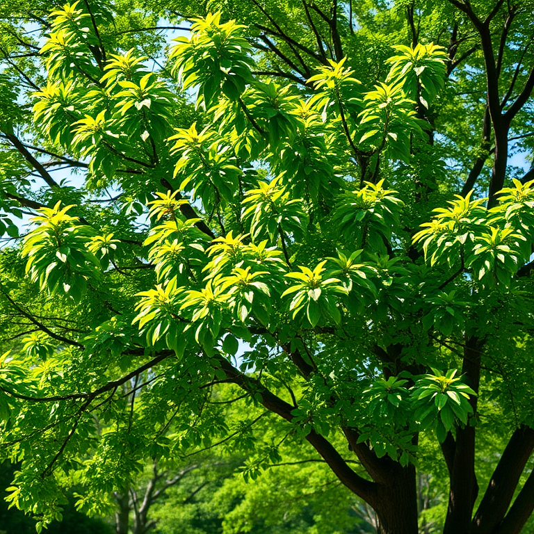Generate a highly detailed image of a lush green tree with a clear background, captured with a 50mm lens at f/1.8, ISO 100, in natural daylight using a DSLR camera.