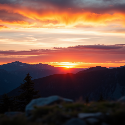 Create a detailed image of a scenic mountain landscape at sunrise, focus on vibrant colors and clarity, 24mm lens, aperture f/8, ISO 100, shutter speed 1/125s, taken with a DSLR camera from a low angle to emphasize the foreground elements.