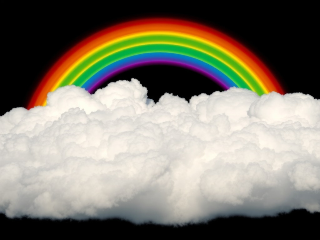 Regenerate a colorful rainbow with vibrant bands of red, orange, yellow, green, blue, indigo, and violet, positioned above fluffy white clouds, shot with a DSLR camera at f/8, ISO 200, 1/125s, using a wide-angle lens at 24mm for a bright and clear view against a solid black background.