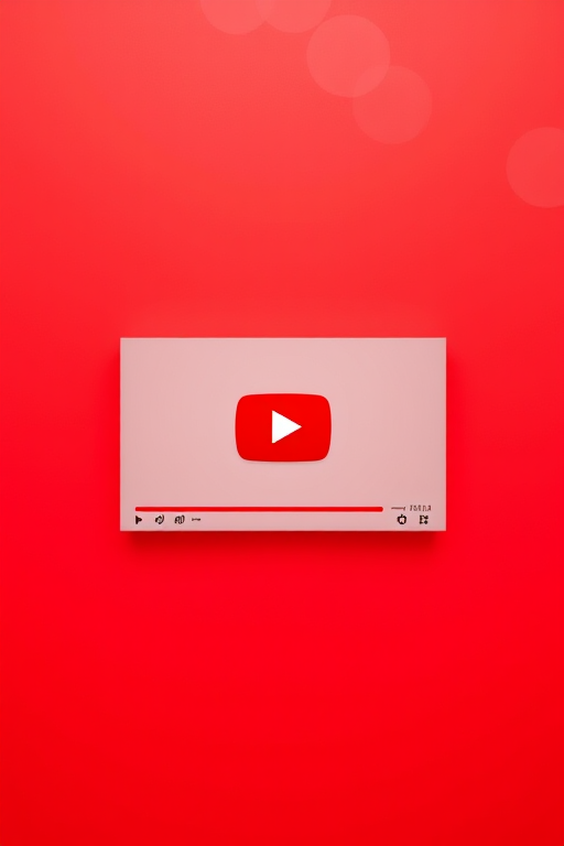 Create a high-resolution illustration of a YouTube video player interface on a vibrant red background with soft circular patterns, using a DSLR camera at f/2.8 aperture, 50mm lens, 1/60s shutter speed, capturing a flat lay view with soft lighting to enhance color depth and detail.