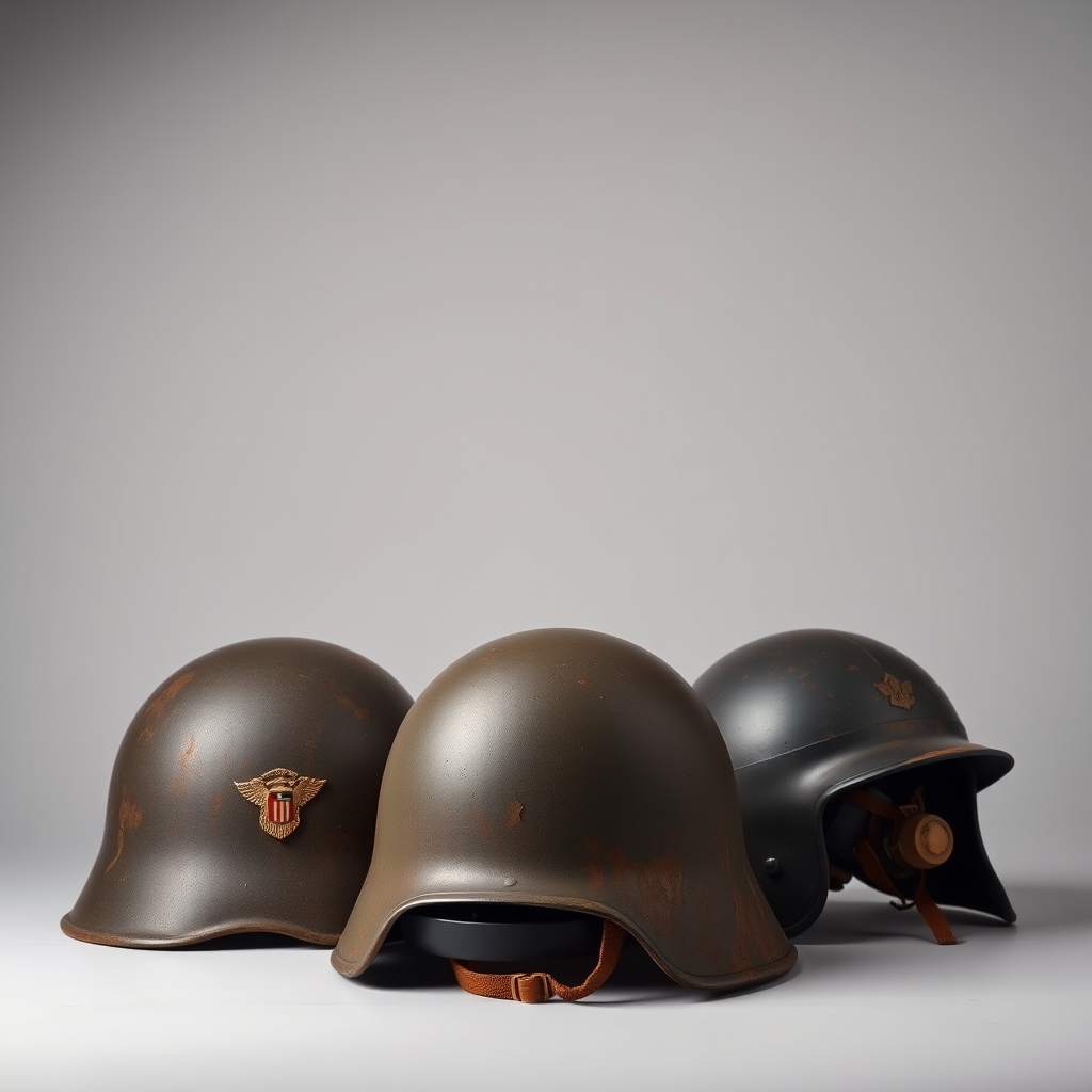 Regenerate an image of three vintage military helmets in a well-lit studio setting, with 50mm lens, f/2.8 aperture, ISO 100, shot from a slightly elevated angle to capture details, using a DSLR camera.
