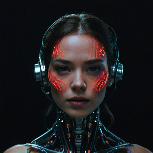 wired-cyborg, biomechanical, high quality photography of a woman's face, split down the middle, showcasing two distinct halves. The left side of her face is a mechanical construct, resembling a futuristic cyborg or android, with intricate circuitry and wires visible beneath her skin. The mechanical half is a dark, metallic color with glowing red circuitry and numerous tiny, glowing red lights, giving it an eerie, otherworldly appearance. The right side of her face is human, with pale, almost deathly skin, sci-fi horror aesthetic.