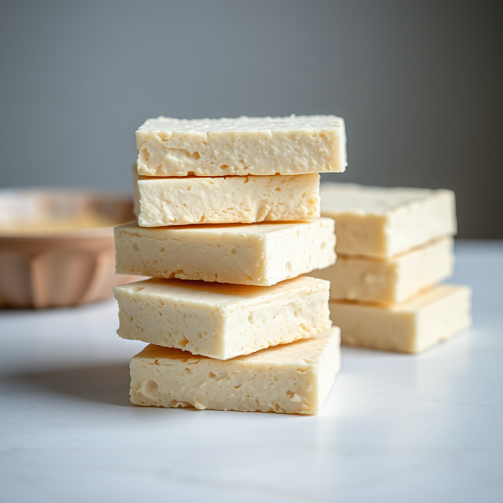 Create an image of a stack of tempeh blocks arranged neatly on a white surface, using a Canon EOS R5 camera with a 50mm f/1.2 lens, ISO 100, aperture f/2.8, shutter speed 1/125 sec, natural lighting for a soft look and shallow depth of field.