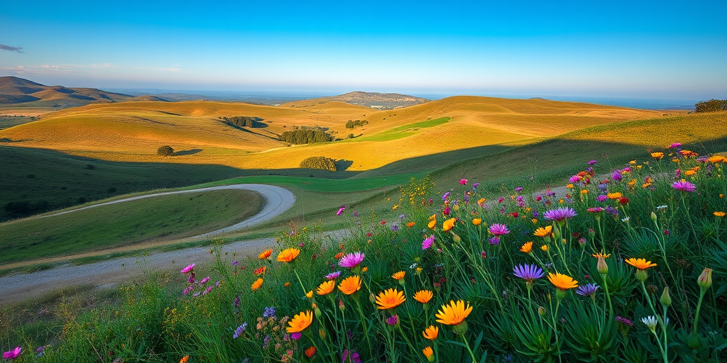 Generate a high-resolution image of a serene landscape featuring rolling hills, vibrant wildflowers, and a clear blue sky taken with a Canon EOS R5, ISO 100, f/8 aperture, 100mm lens, natural lighting, and a wide-angle view.