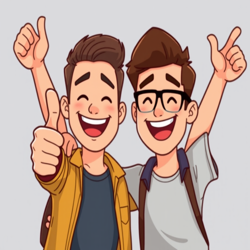 Generate a high-resolution cartoon image of two happy men celebrating together, one with a thumbs up and the other with arms raised in excitement, shot with a Canon EOS 5D Mark IV, 50mm lens, f/2.8 aperture, ISO 100, in bright colors and clear lines.