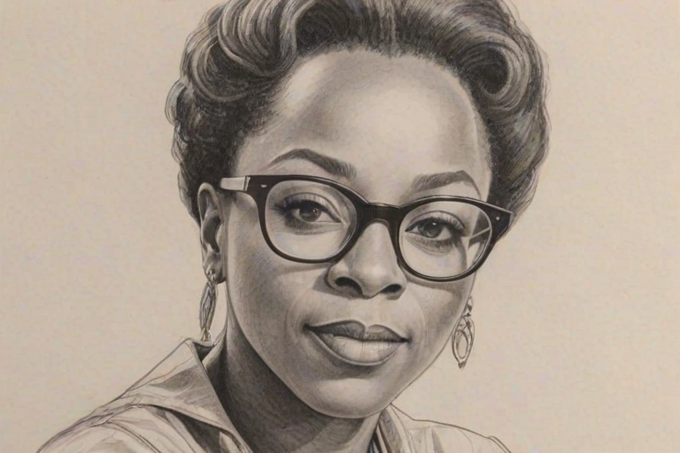 Graceful Marianne Jean-Baptiste, pencil sketch, portrait of Beauteous woman 1965s in glasses, hair style beatnik, outline, clear lines, fine lines, 8k