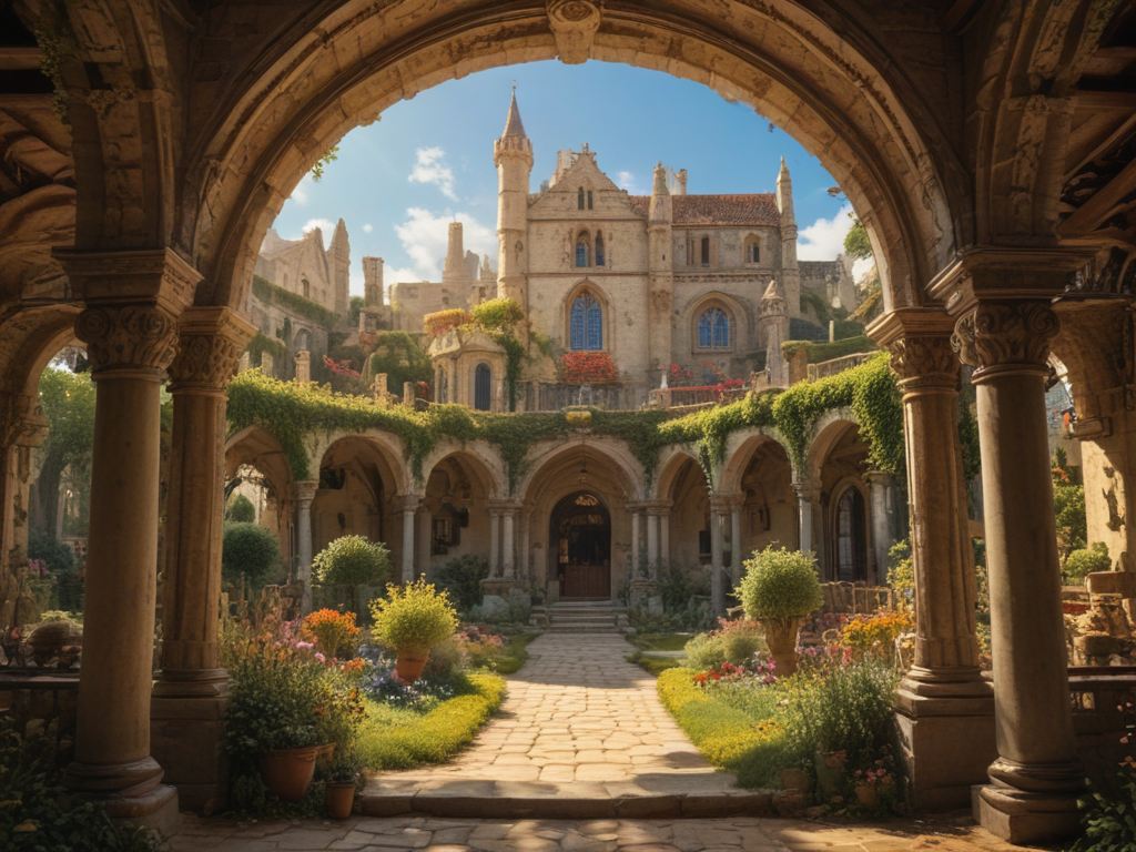 Enchanting Garden Courtyard Surrounded By Majestic Castle Architecture enchanting-garden-courtyard-surrounded-by-majestic-castle-architecture