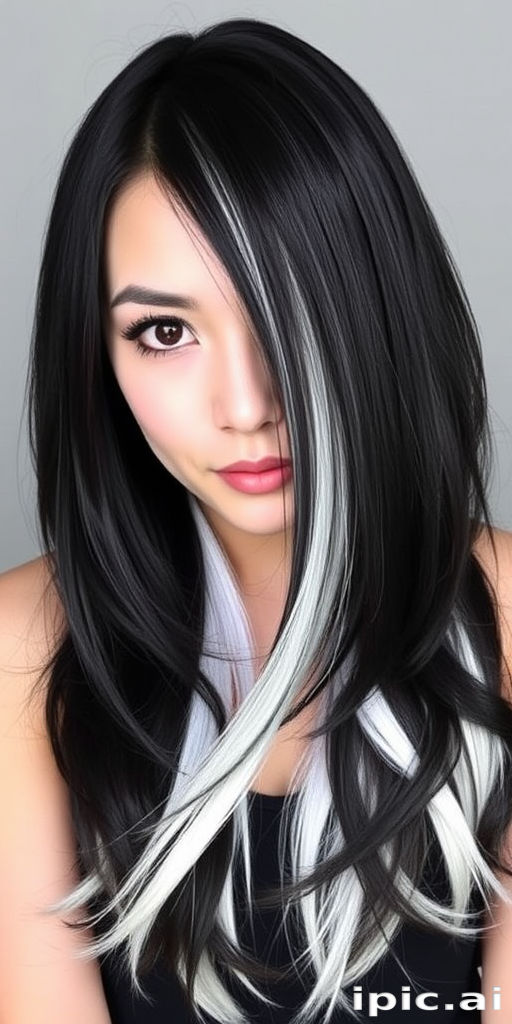 Dramatic black and white split-dyed hair dubbed "Yin Yang Harmony" featuring long straight layers, crisp center part dividing colors, sleek polished finish, face-framing pieces in contrasting shades, bold graphic look