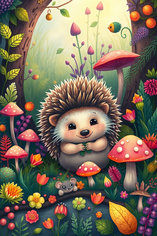 Create a colorful, whimsical illustration of a cute hedgehog surrounded by vibrant foliage, mushrooms, and various plants in a softly lit forest setting, captured with a DSLR camera, aperture f/2.8, ISO 200, 50mm lens, soft focus style.