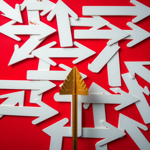 Create an image of a dynamic scene with multiple white arrows pointing in various directions against a vibrant red background, featuring a single gold arrow prominently placed in the foreground, captured with a DSLR camera at f/2.8 aperture, ISO 100, 35mm focal length, in a top-down view style to enhance image depth and focus.