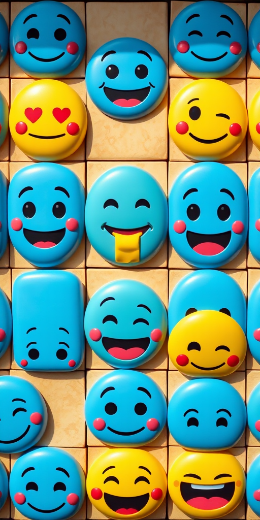 Create a colorful grid of 12 cartoonish blue emoji faces displaying various emotions, using a DSLR camera with a 50mm lens, f/2.8 aperture, ISO 100, shooting from an overhead view with natural lighting to enhance clarity and vibrancy.